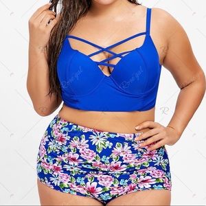 Floral Plus Size Lattice Cut Bustier Bikini Set